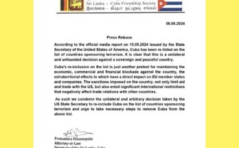 Grupo de amistad de Sri Lanka critica política de EEUU contra Cuba