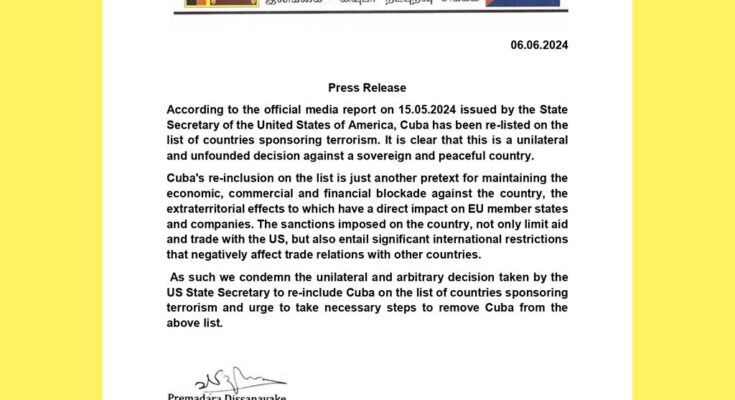 Grupo de amistad de Sri Lanka critica política de EEUU contra Cuba
